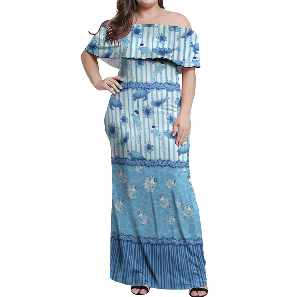 Hawaii Christmas In July Off Shoulder Maxi Dress Sky Blue Mele Kalikimaka Sea Animals DT05 Women Blue - Polynesian Pride