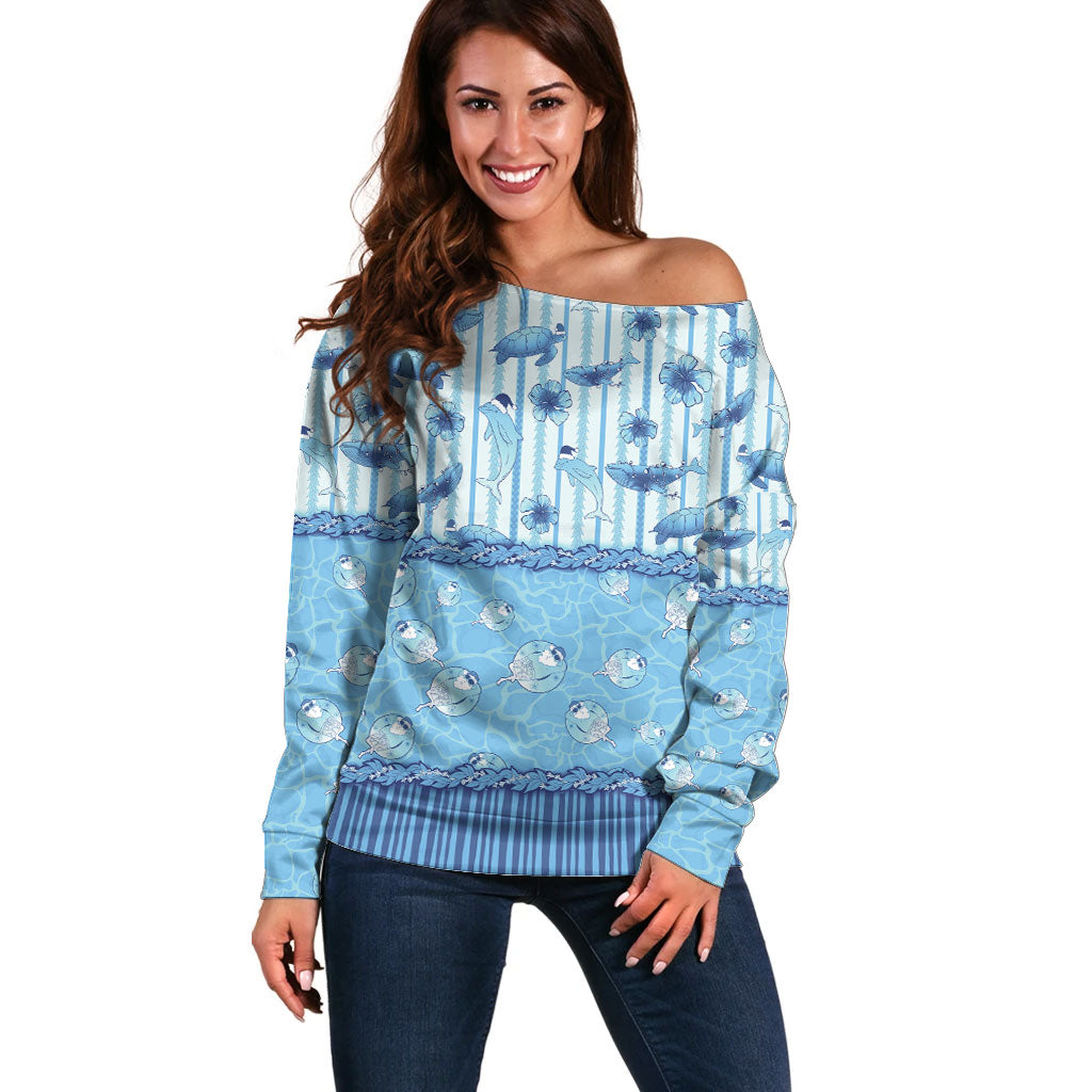 Hawaii Christmas In July Off Shoulder Sweater Sky Blue Mele Kalikimaka Sea Animals DT05 Women Blue - Polynesian Pride