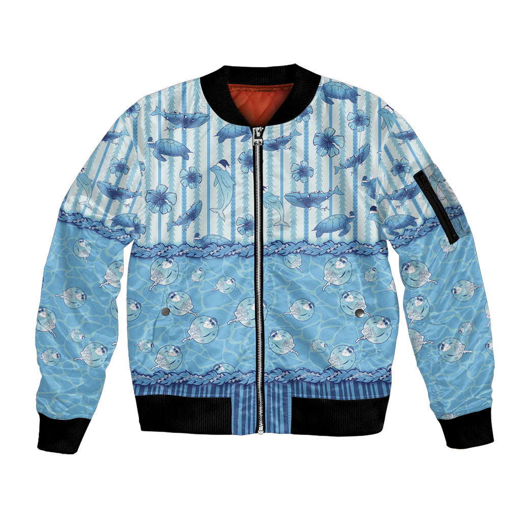 Hawaii Christmas In July Sleeve Zip Bomber Jacket Sky Blue Mele Kalikimaka Sea Animals DT05 Unisex Blue - Polynesian Pride