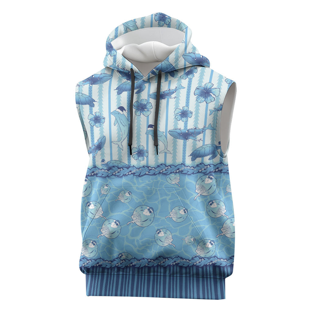 Hawaii Christmas In July Sleeveless Hoodie Sky Blue Mele Kalikimaka Sea Animals DT05 Blue - Polynesian Pride