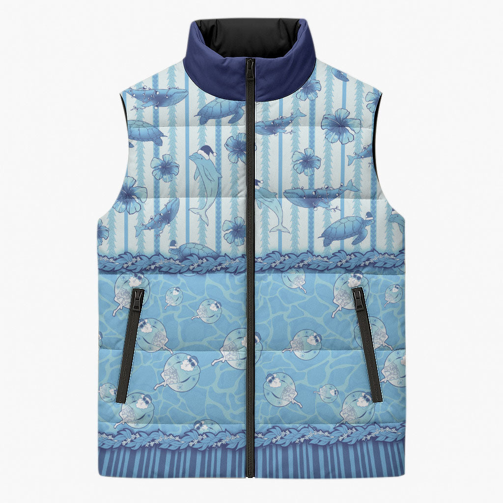 Hawaii Christmas In July Sleeveless Puffer Jacket Sky Blue Mele Kalikimaka Sea Animals