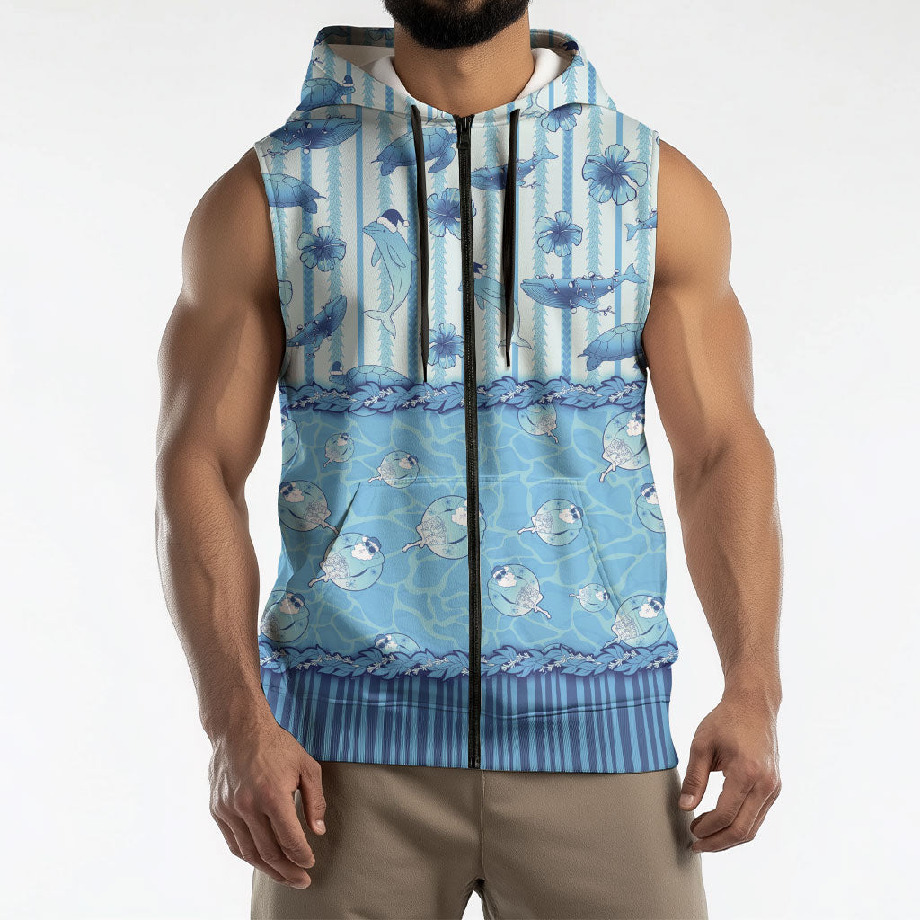 Hawaii Christmas In July Sleeveless Zip Hoodie Sky Blue Mele Kalikimaka Sea Animals DT05 - Polynesian Pride