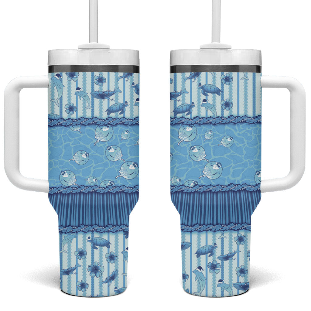 Hawaii Christmas In July Tumbler With Handle Sky Blue Mele Kalikimaka Sea Animals DT05 One Size: 40 oz Blue - Polynesian Pride