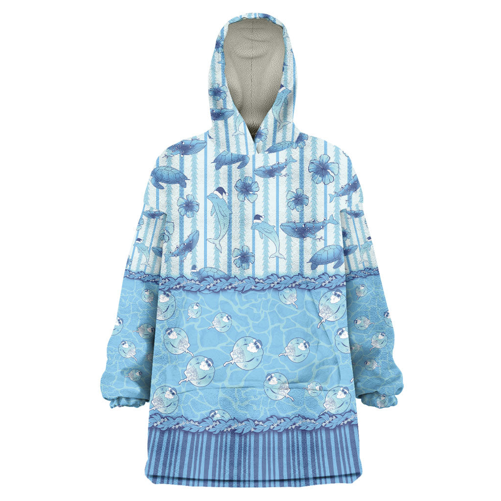 Hawaii Christmas In July Wearable Blanket Hoodie Sky Blue Mele Kalikimaka Sea Animals DT05 One Size Blue - Polynesian Pride