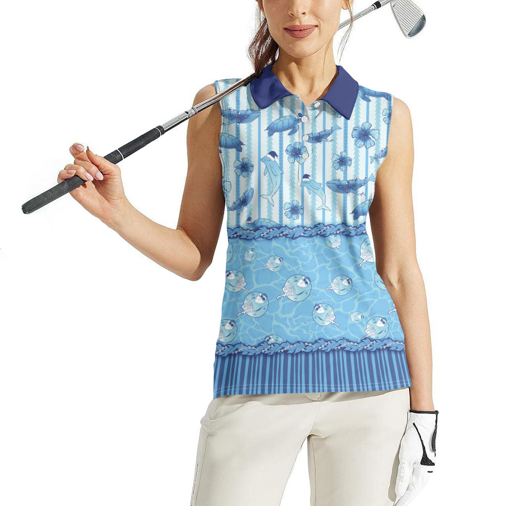 Hawaii Christmas In July Women Sleeveless Polo Shirt Sky Blue Mele Kalikimaka Sea Animals DT05 - Polynesian Pride
