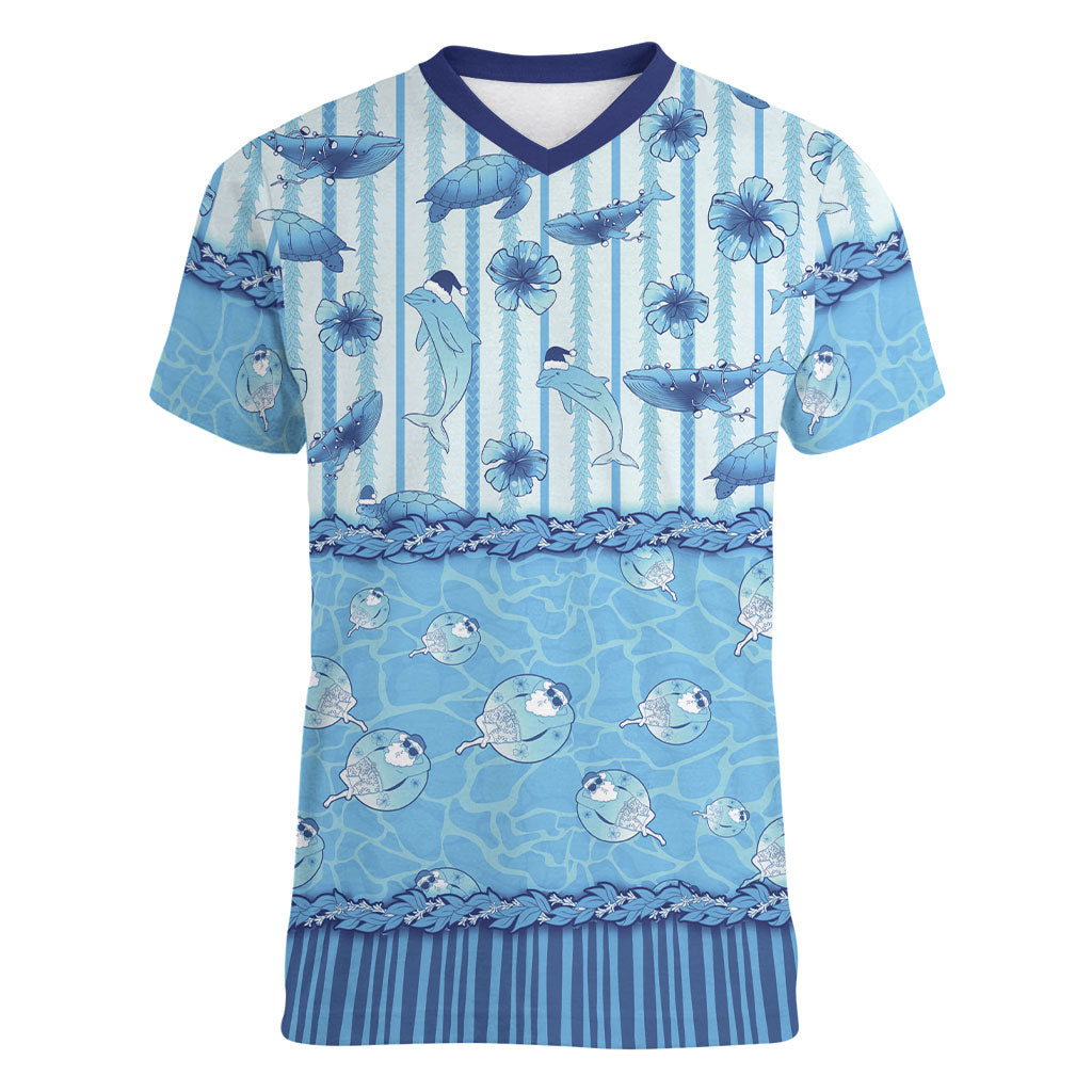 Hawaii Christmas In July Women V-Neck T-Shirt Sky Blue Mele Kalikimaka Sea Animals DT05 Female Blue - Polynesian Pride