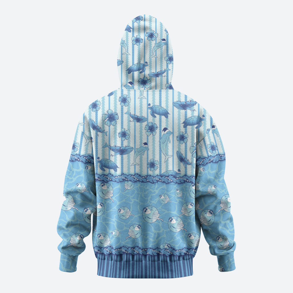 Hawaii Christmas In July Zip Hoodie Sky Blue Mele Kalikimaka Sea Animals DT05 - Polynesian Pride