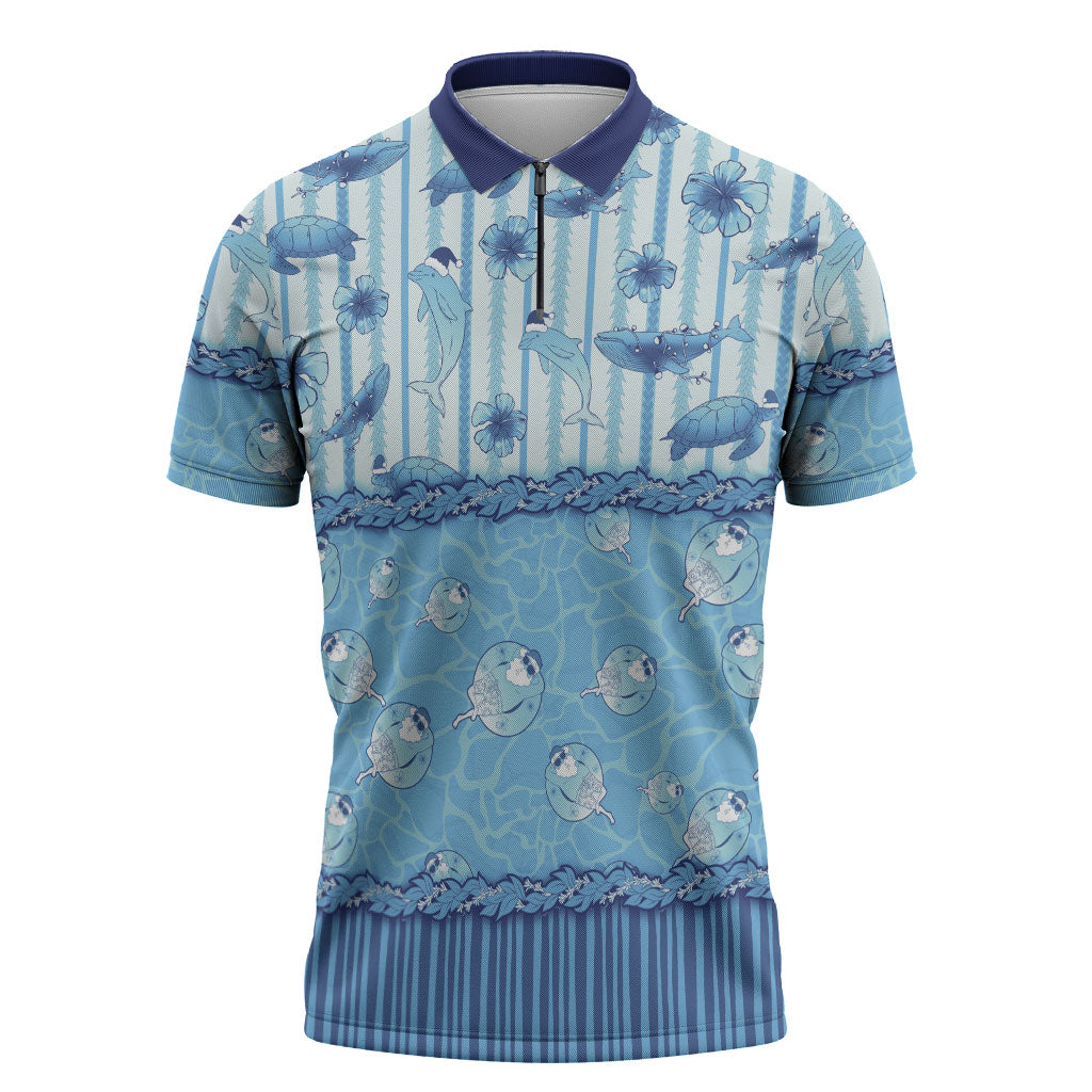 Hawaii Christmas In July Zipper Polo Shirt Sky Blue Mele Kalikimaka Sea Animals DT05 Blue - Polynesian Pride