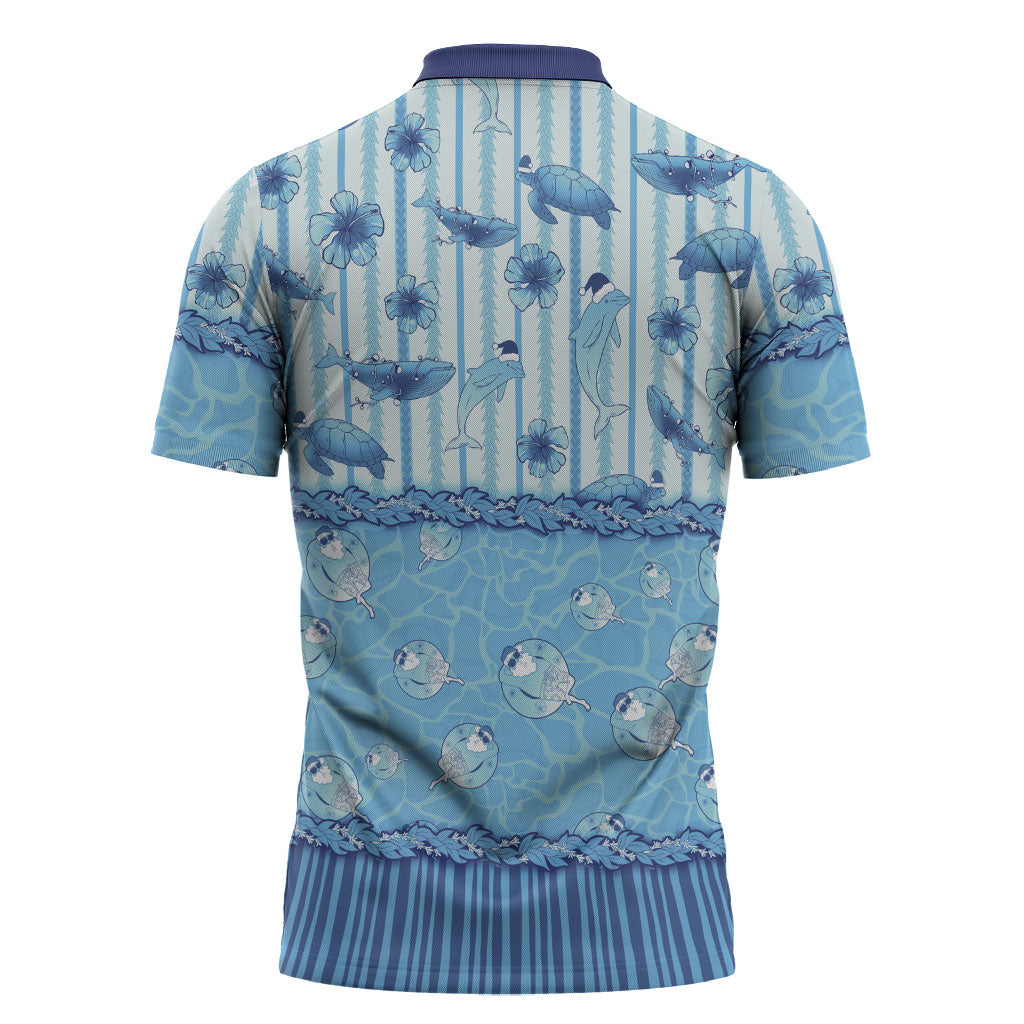 Hawaii Christmas In July Zipper Polo Shirt Sky Blue Mele Kalikimaka Sea Animals DT05 - Polynesian Pride