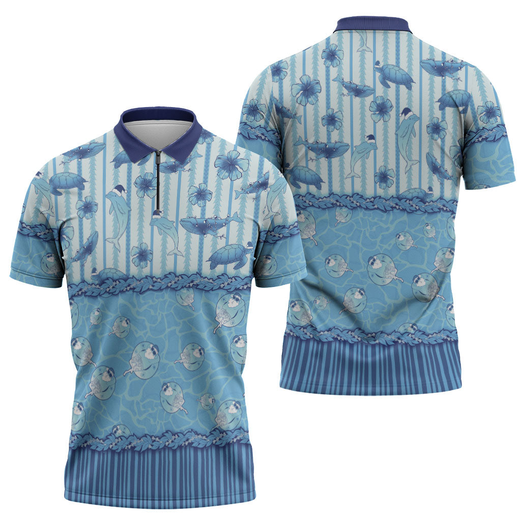 Hawaii Christmas In July Zipper Polo Shirt Sky Blue Mele Kalikimaka Sea Animals DT05 - Polynesian Pride