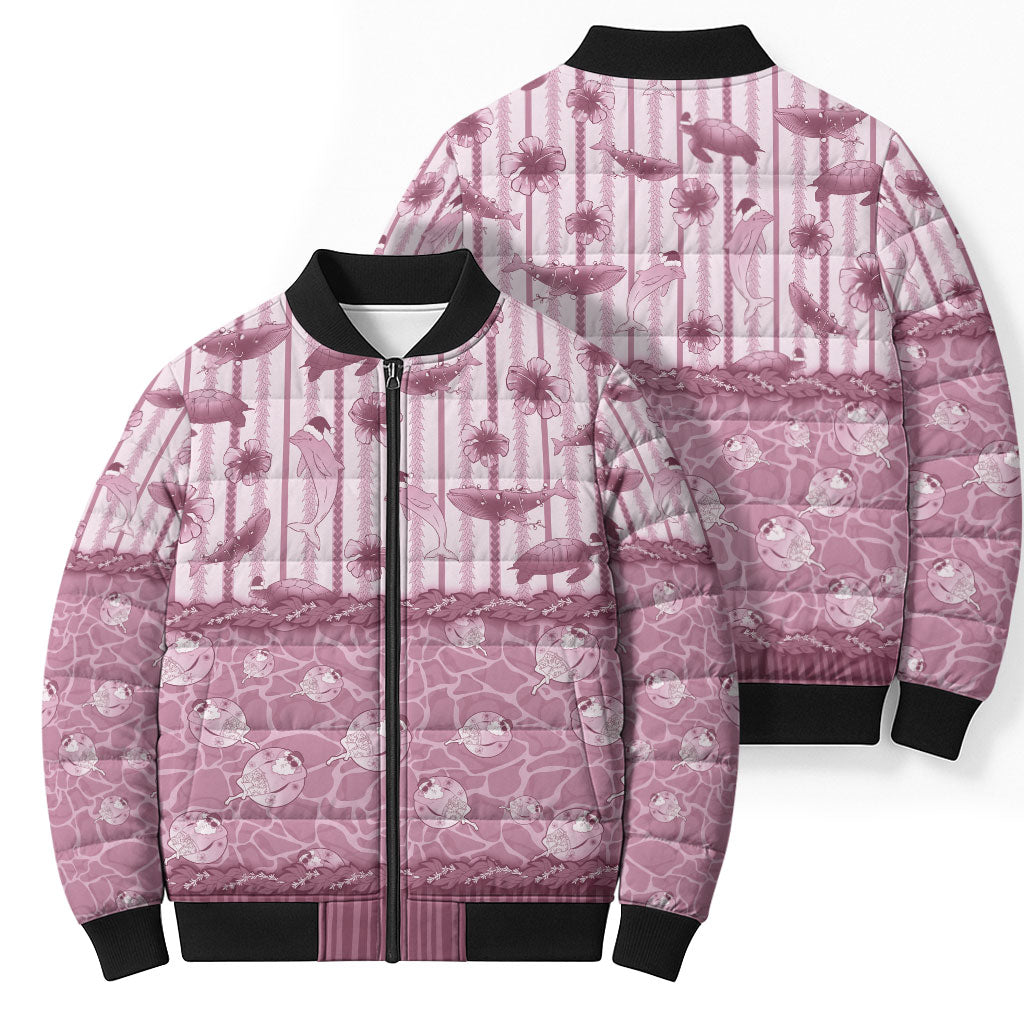 Hawaii Christmas In July Bomber Puffer Jacket Dusty Pink Mele Kalikimaka Sea Animals
