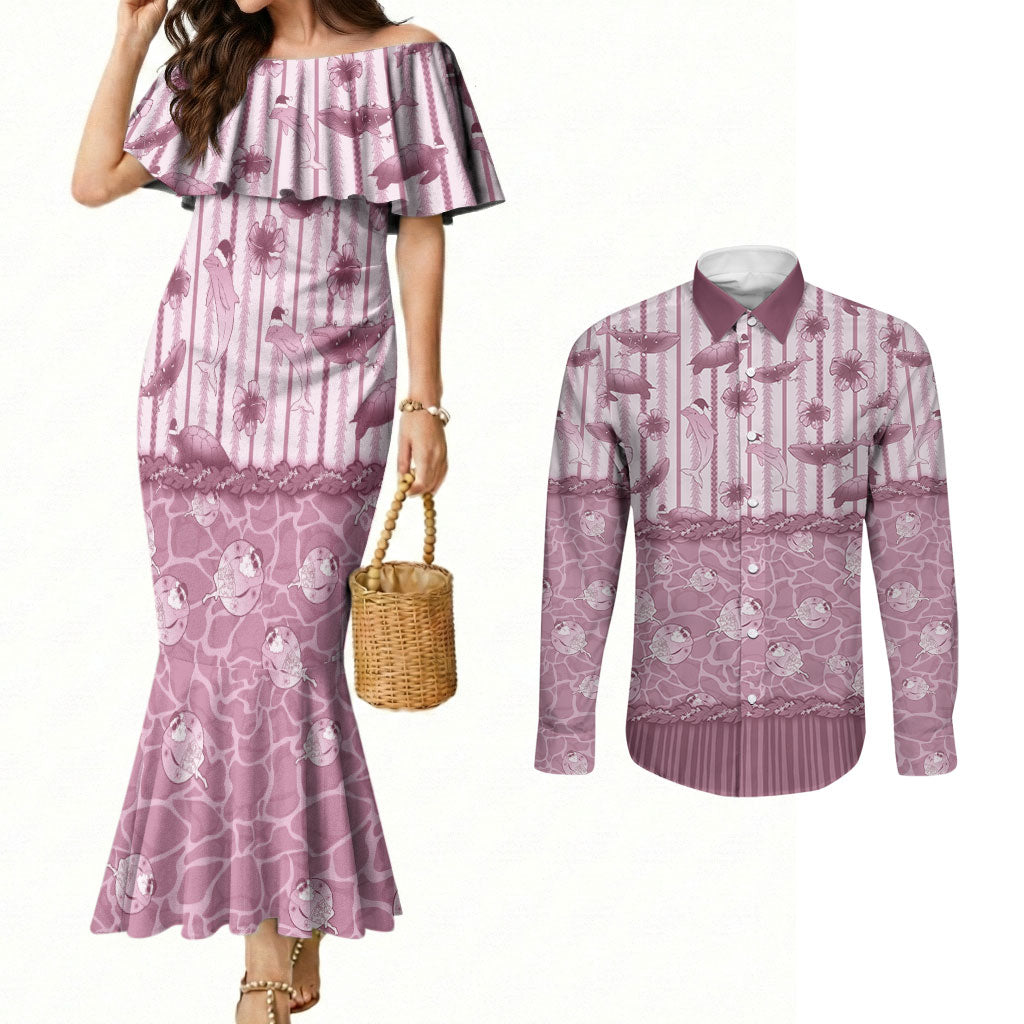 Hawaii Christmas In July Couples Matching Mermaid Dress and Long Sleeve Button Shirt Dusty Pink Mele Kalikimaka Sea Animals DT05 Pink - Polynesian Pride