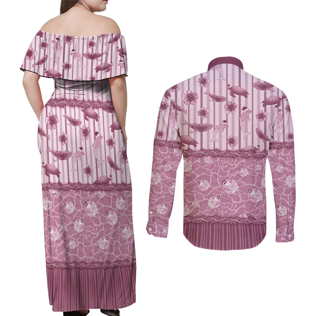 Hawaii Christmas In July Couples Matching Off Shoulder Maxi Dress and Long Sleeve Button Shirt Dusty Pink Mele Kalikimaka Sea Animals DT05 - Polynesian Pride
