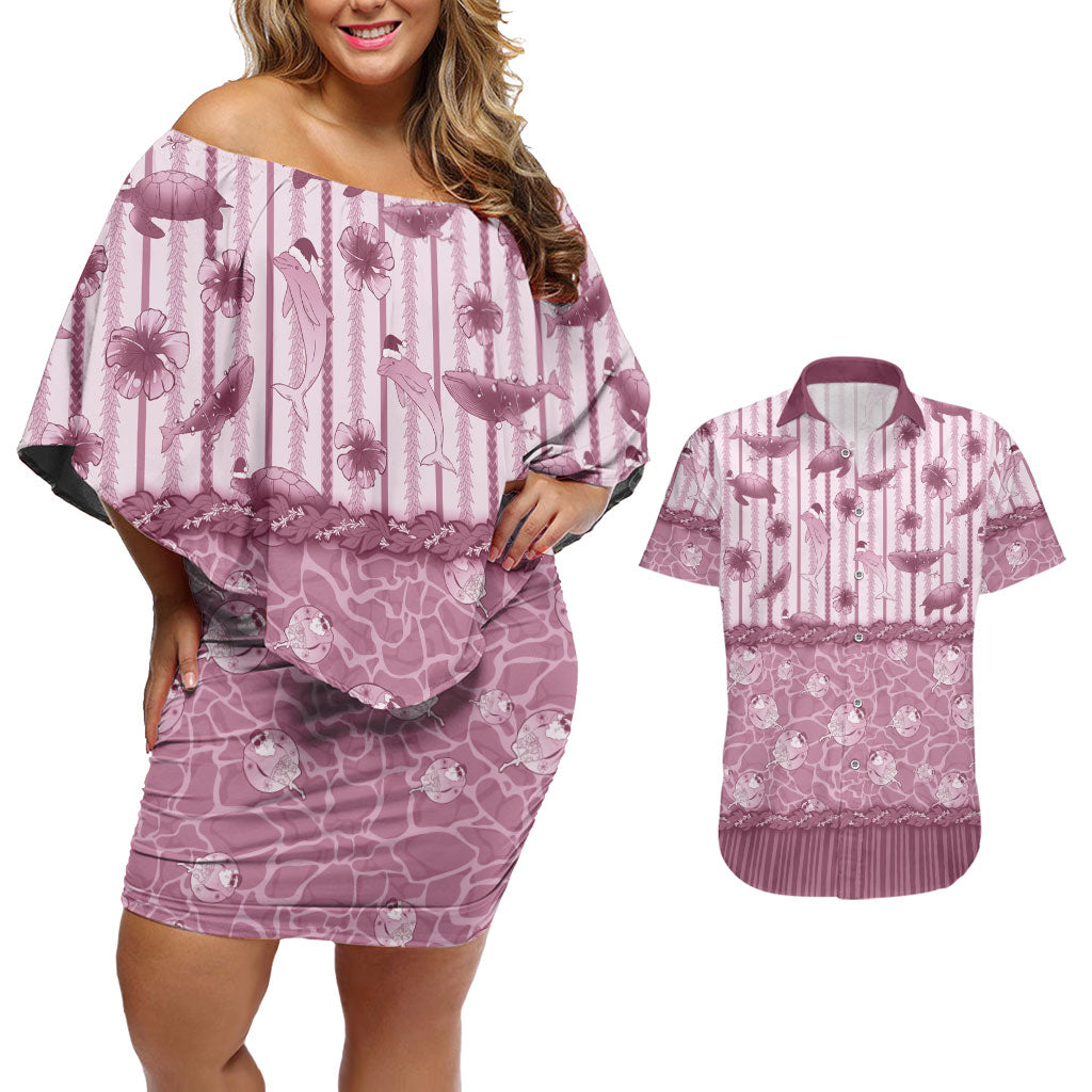 Hawaii Christmas In July Couples Matching Off Shoulder Short Dress and Hawaiian Shirt Dusty Pink Mele Kalikimaka Sea Animals DT05 Pink - Polynesian Pride