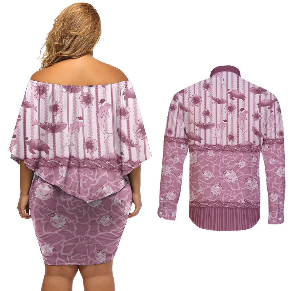 Hawaii Christmas In July Couples Matching Off Shoulder Short Dress and Long Sleeve Button Shirt Dusty Pink Mele Kalikimaka Sea Animals DT05 - Polynesian Pride