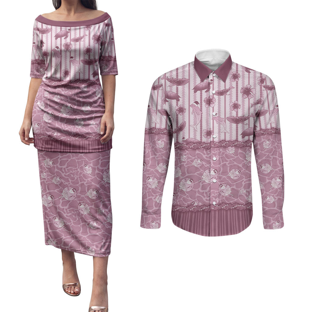 Hawaii Christmas In July Couples Matching Puletasi and Long Sleeve Button Shirt Dusty Pink Mele Kalikimaka Sea Animals DT05 Pink - Polynesian Pride