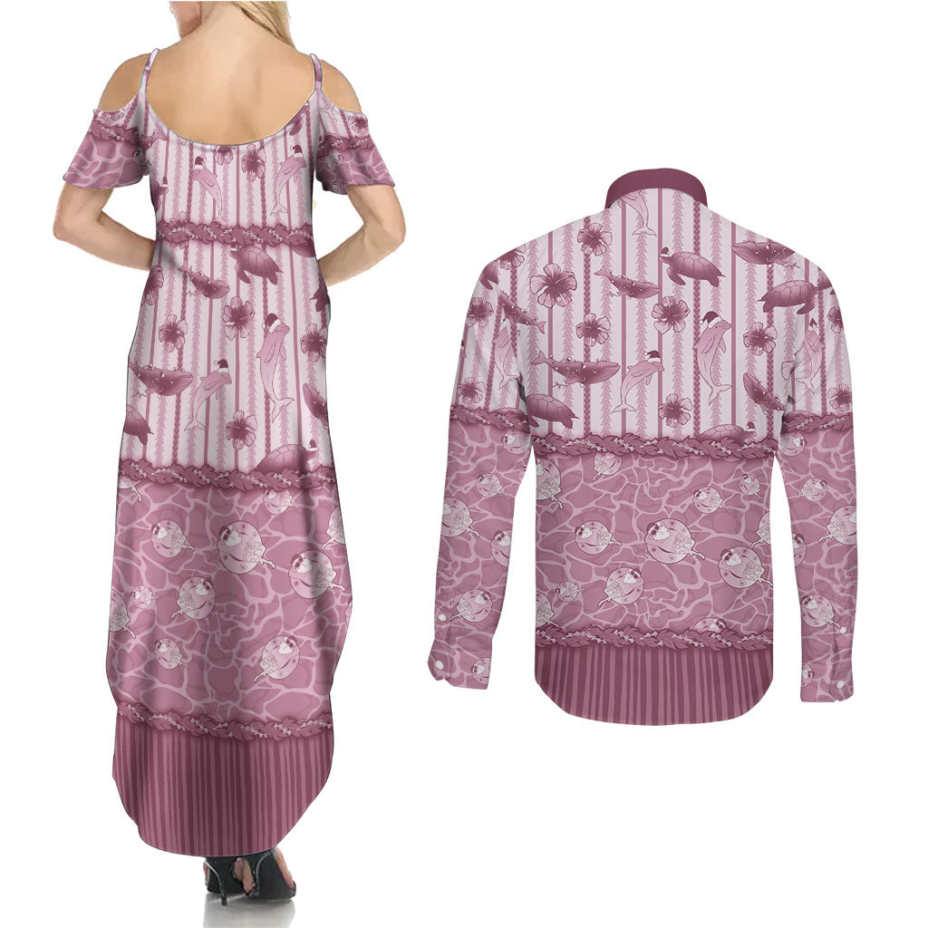 Hawaii Christmas In July Couples Matching Summer Maxi Dress and Long Sleeve Button Shirt Dusty Pink Mele Kalikimaka Sea Animals DT05 - Polynesian Pride