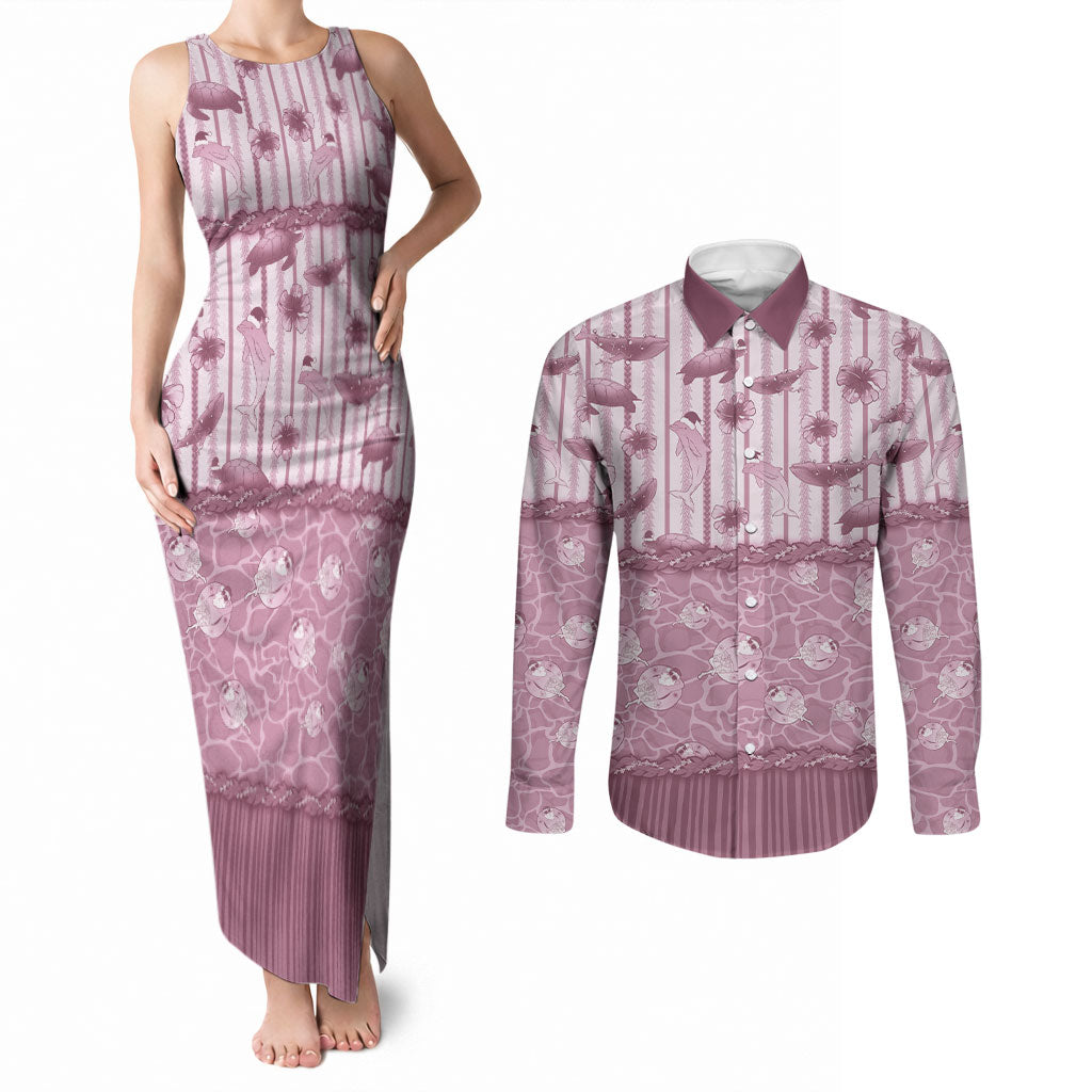 Hawaii Christmas In July Couples Matching Tank Maxi Dress and Long Sleeve Button Shirt Dusty Pink Mele Kalikimaka Sea Animals DT05 Pink - Polynesian Pride