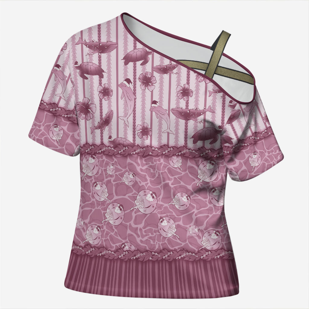 Hawaii Christmas In July Cross Shoulder Shirt Dusty Pink Mele Kalikimaka Sea Animals DT05 Female Pink - Polynesian Pride