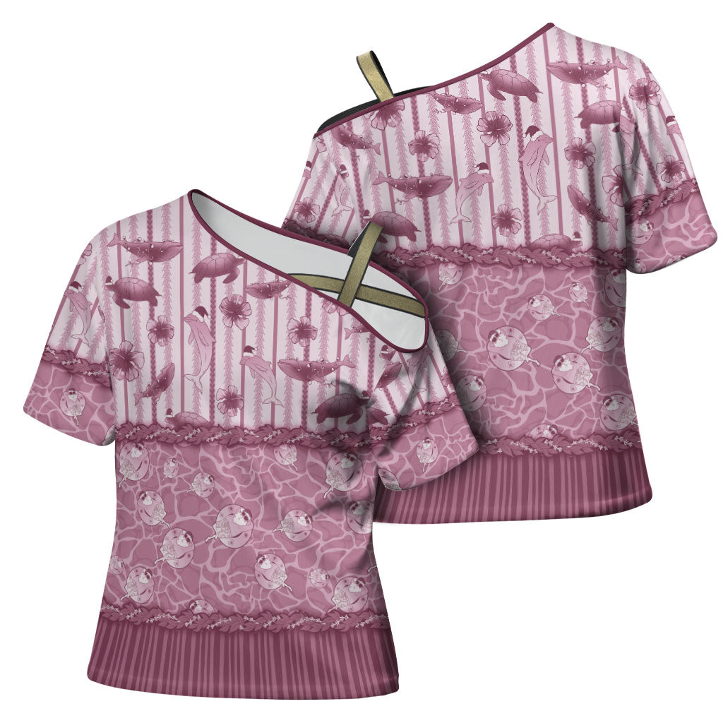 Hawaii Christmas In July Cross Shoulder Shirt Dusty Pink Mele Kalikimaka Sea Animals DT05 - Polynesian Pride
