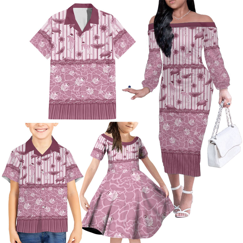 Hawaii Christmas In July Family Matching Off The Shoulder Long Sleeve Dress and Hawaiian Shirt Dusty Pink Mele Kalikimaka Sea Animals DT05 - Polynesian Pride