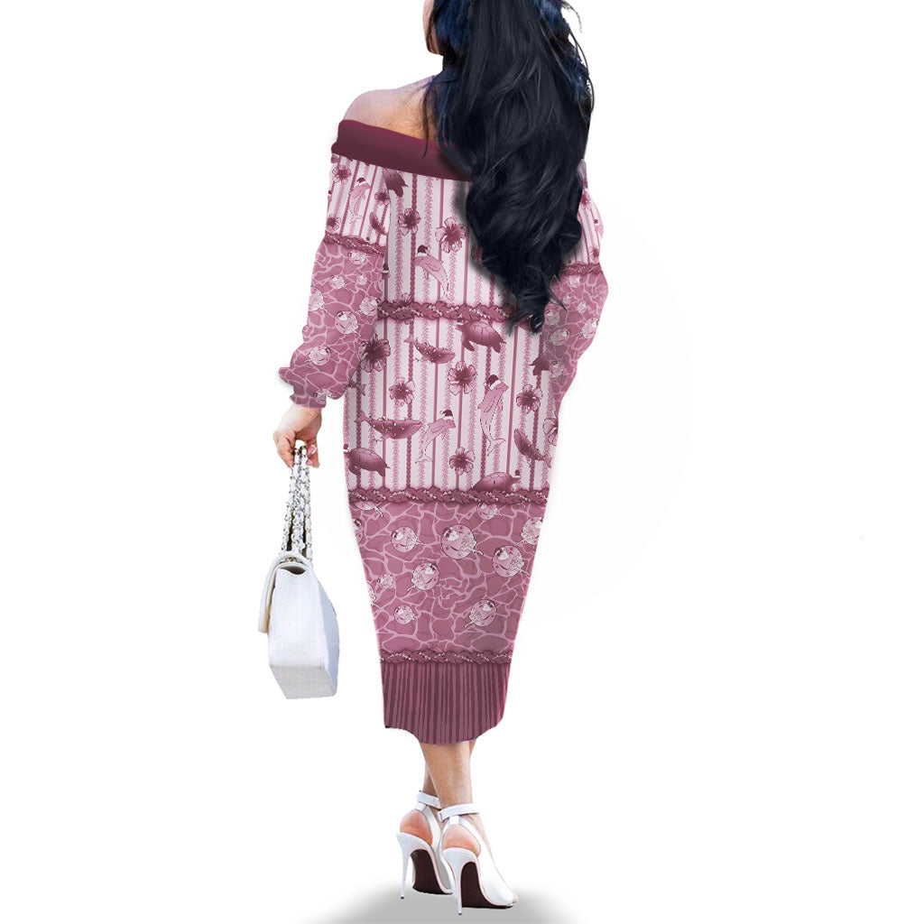 Hawaii Christmas In July Family Matching Off The Shoulder Long Sleeve Dress and Hawaiian Shirt Dusty Pink Mele Kalikimaka Sea Animals DT05 - Polynesian Pride