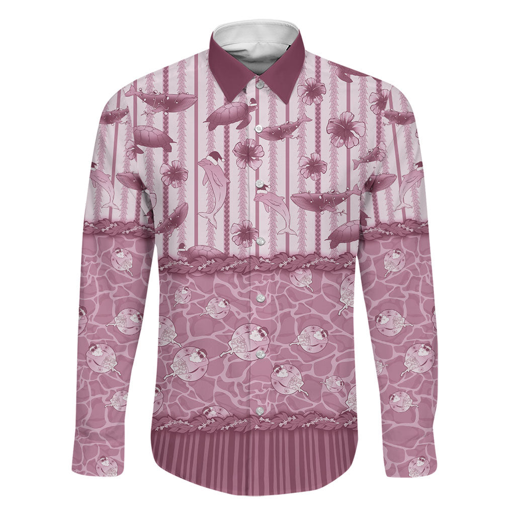 Hawaii Christmas In July Family Matching Off Shoulder Maxi Dress and Hawaiian Shirt Dusty Pink Mele Kalikimaka Sea Animals DT05 Dad's Shirt - Long Sleeve Pink - Polynesian Pride