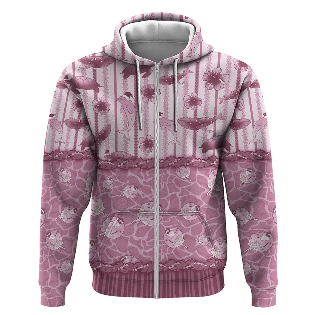 Hawaii Christmas In July Hoodie Dusty Pink Mele Kalikimaka Sea Animals DT05 Zip Hoodie Pink - Polynesian Pride