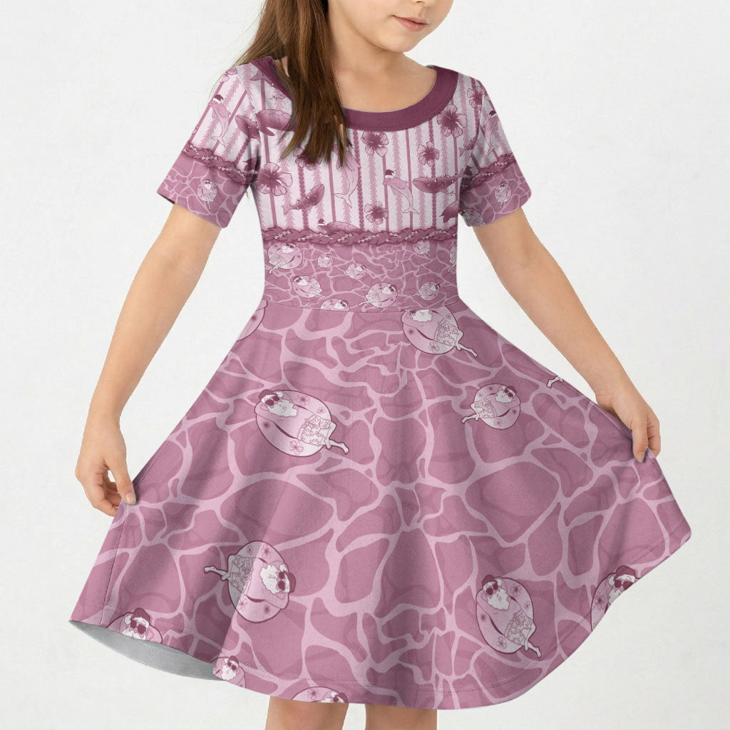 Hawaii Christmas In July Kid Short Sleeve Dress Dusty Pink Mele Kalikimaka Sea Animals DT05 KID Pink - Polynesian Pride