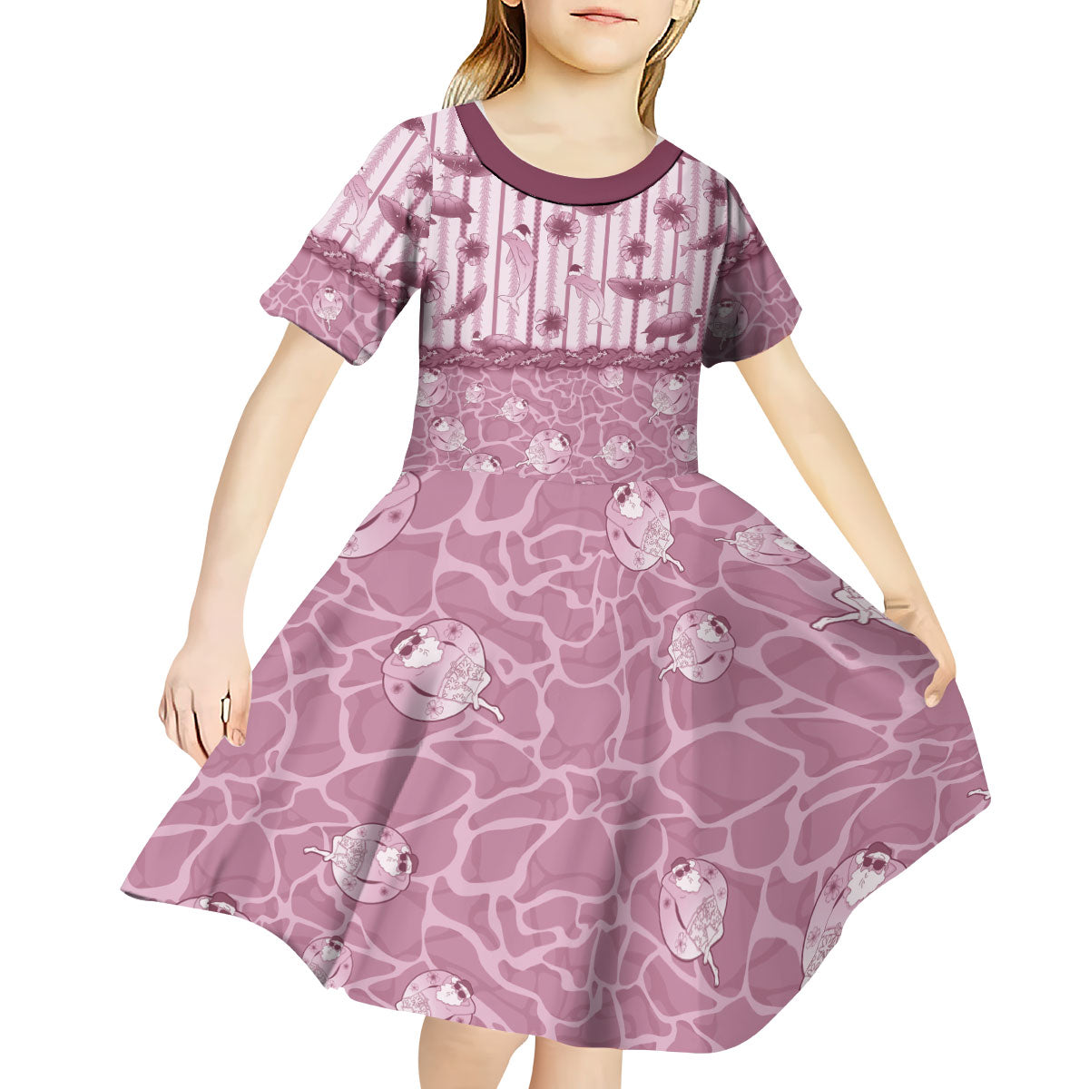 Hawaii Christmas In July Kid Short Sleeve Dress Dusty Pink Mele Kalikimaka Sea Animals DT05 - Polynesian Pride
