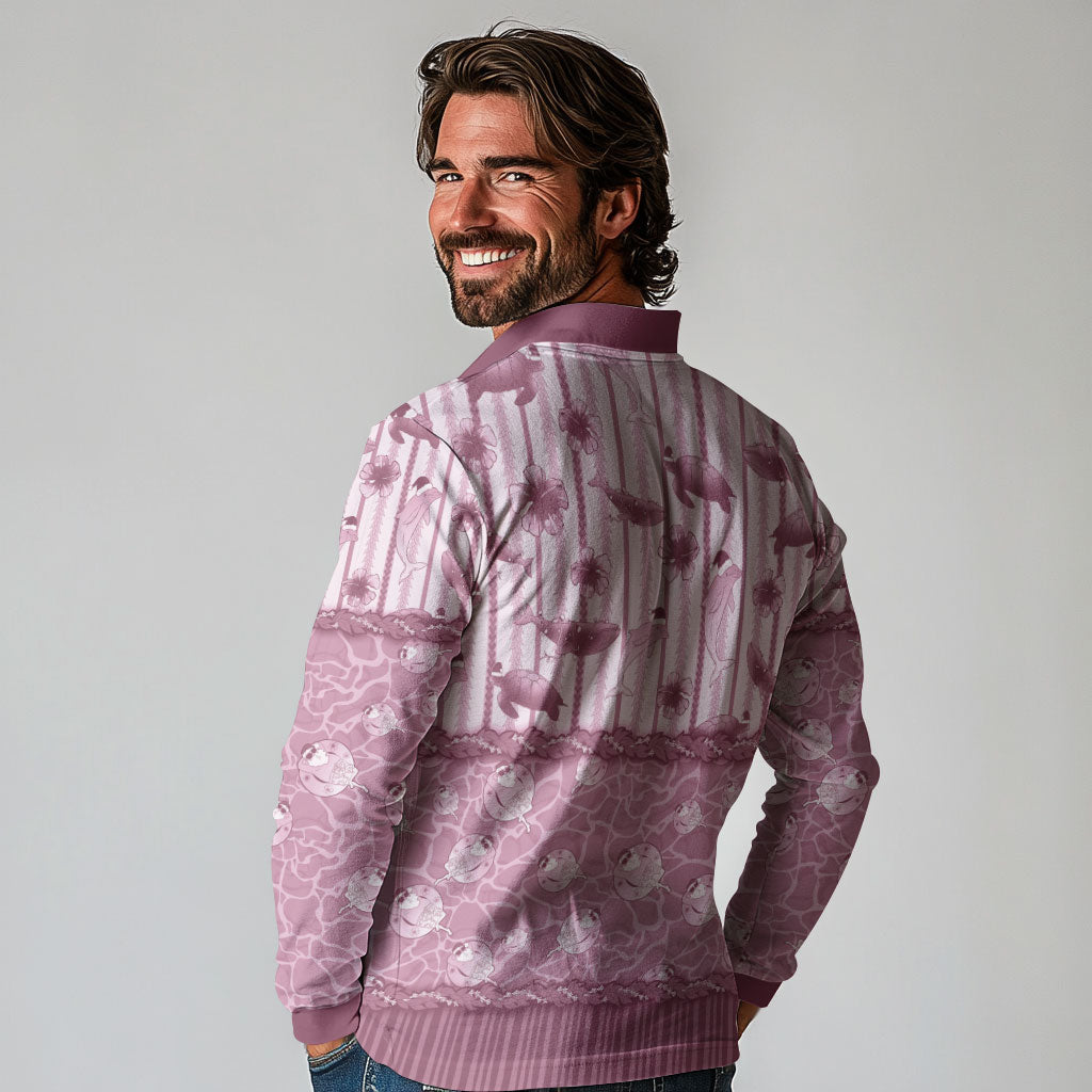 Hawaii Christmas In July Long Sleeve Polo Shirt Dusty Pink Mele Kalikimaka Sea Animals DT05 - Polynesian Pride