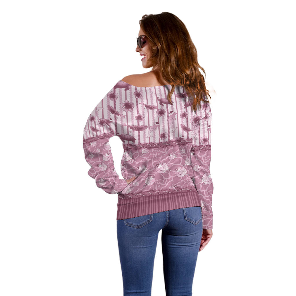 Hawaii Christmas In July Off Shoulder Sweater Dusty Pink Mele Kalikimaka Sea Animals