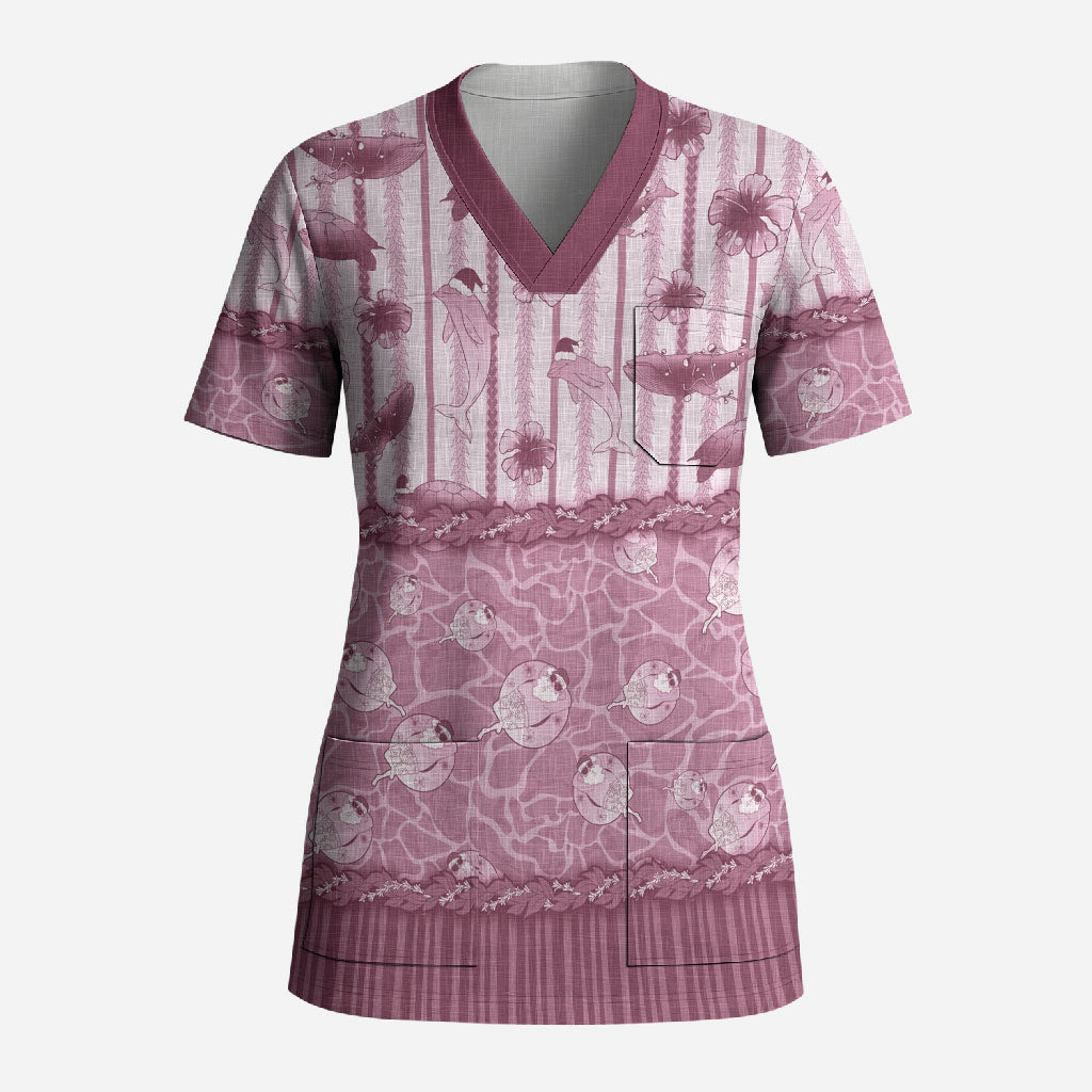 Hawaii Christmas In July Scrub Top Dusty Pink Mele Kalikimaka Sea Animals DT05 Adult Pink - Polynesian Pride