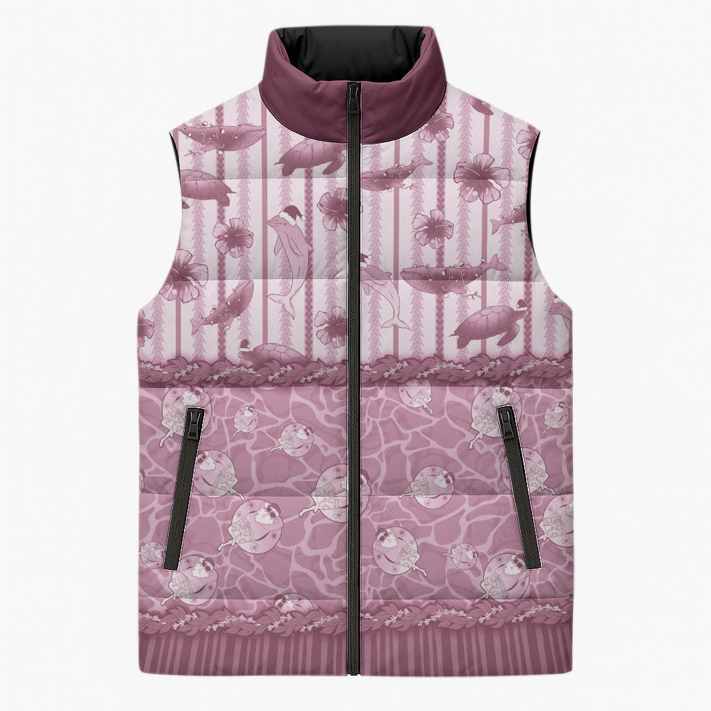 Hawaii Christmas In July Sleeveless Puffer Jacket Dusty Pink Mele Kalikimaka Sea Animals DT05 Unisex Pink - Polynesian Pride