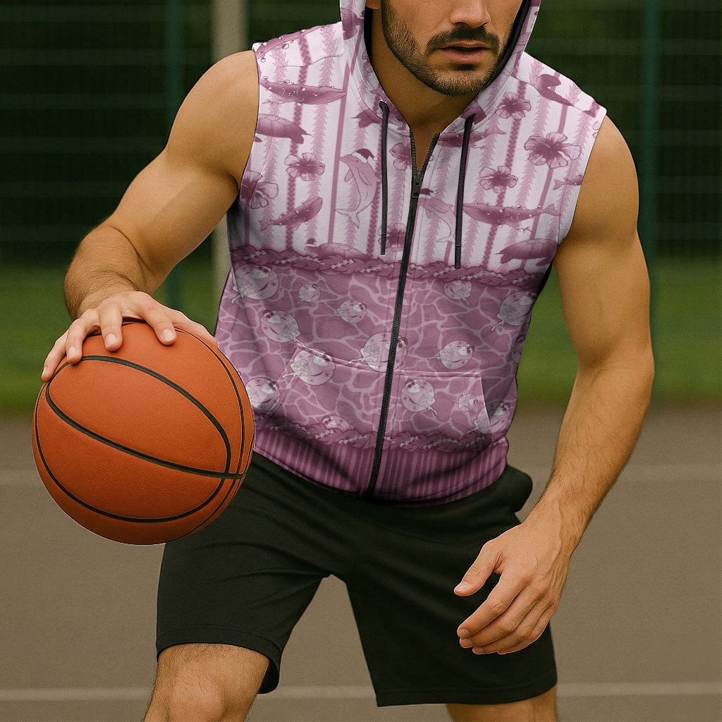 Hawaii Christmas In July Sleeveless Zip Hoodie Dusty Pink Mele Kalikimaka Sea Animals DT05 - Polynesian Pride