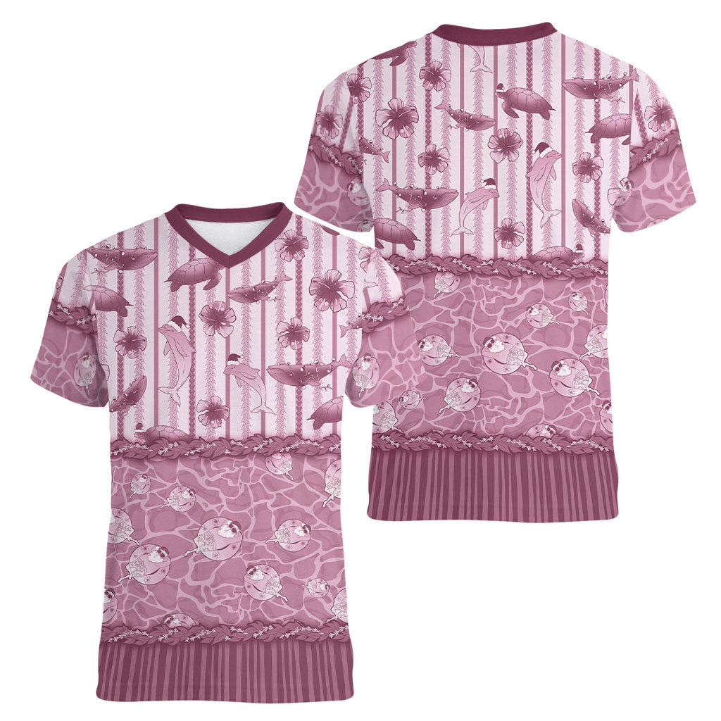 Hawaii Christmas In July Women V-Neck T-Shirt Dusty Pink Mele Kalikimaka Sea Animals DT05 - Polynesian Pride