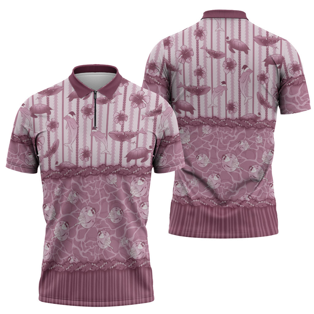 Hawaii Christmas In July Zipper Polo Shirt Dusty Pink Mele Kalikimaka Sea Animals DT05 - Polynesian Pride