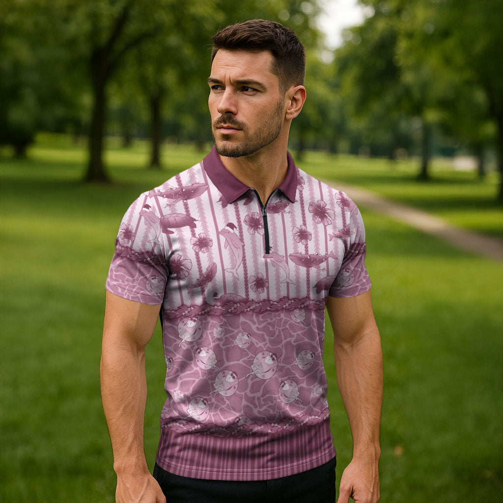 Hawaii Christmas In July Zipper Polo Shirt Dusty Pink Mele Kalikimaka Sea Animals DT05 - Polynesian Pride
