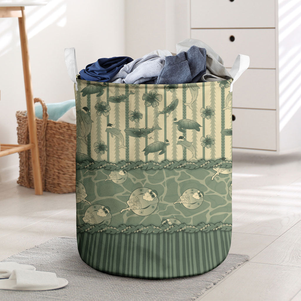 Hawaii Christmas In July Laundry Basket Olive Green Mele Kalikimaka Sea Animals DT05 Green - Polynesian Pride