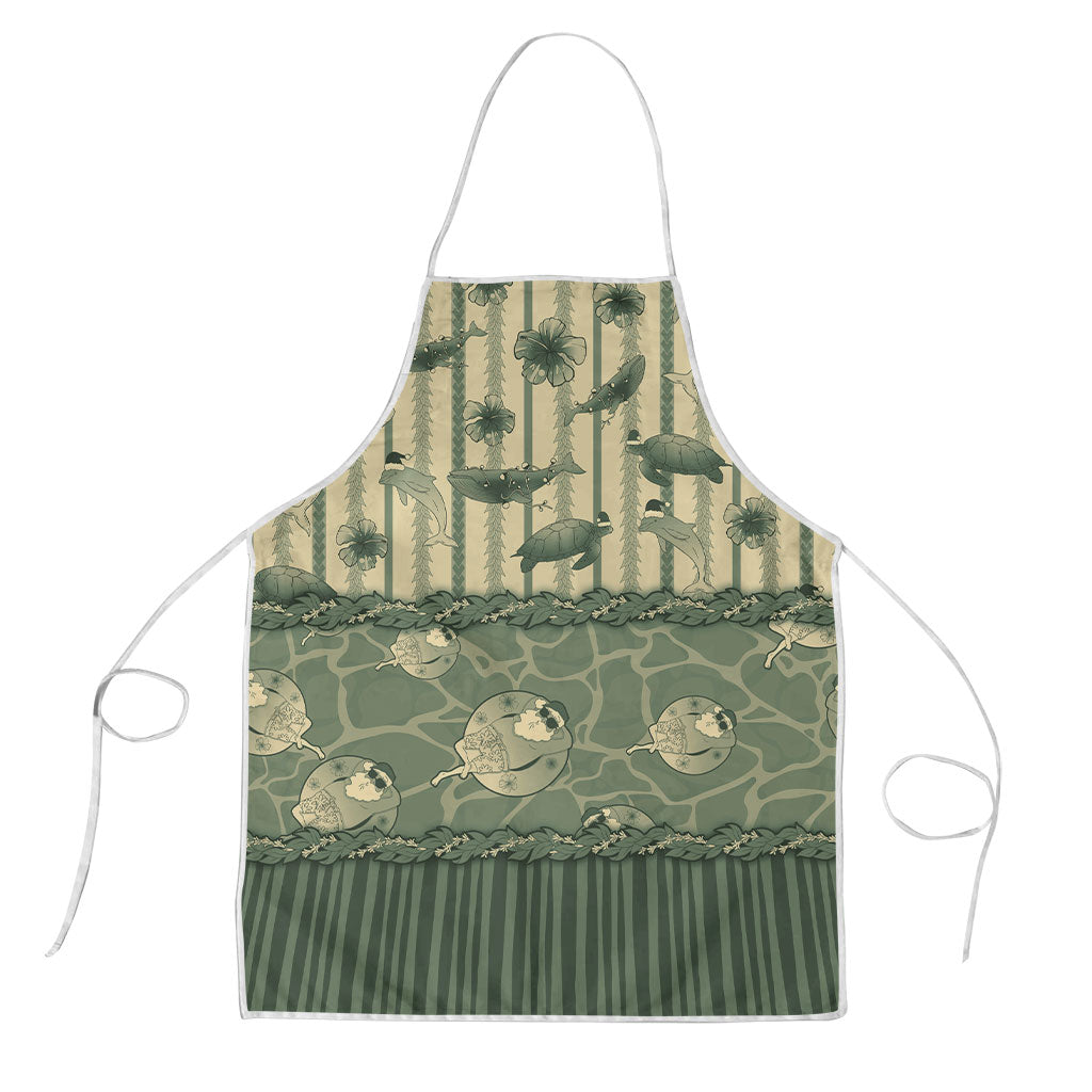 Hawaii Christmas In July Apron Olive Green Mele Kalikimaka Sea Animals DT05 Green - Polynesian Pride