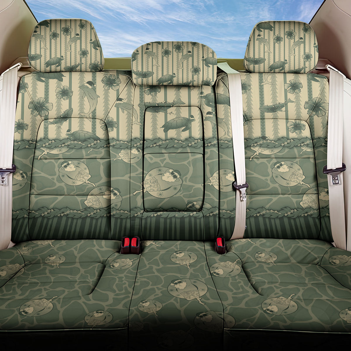 Hawaii Christmas In July Back Car Seat Cover Olive Green Mele Kalikimaka Sea Animals DT05 One Size Green - Polynesian Pride