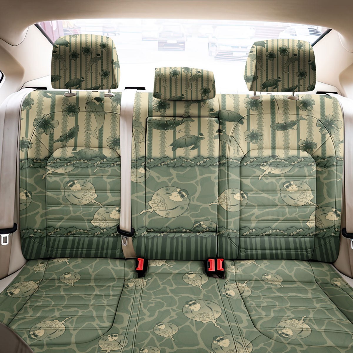 Hawaii Christmas In July Back Car Seat Cover Olive Green Mele Kalikimaka Sea Animals DT05 - Polynesian Pride