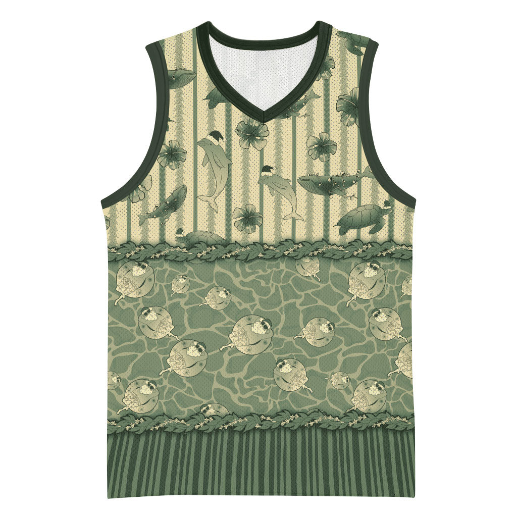 Hawaii Christmas In July Basketball Jersey Olive Green Mele Kalikimaka Sea Animals DT05 Unisex Green - Polynesian Pride
