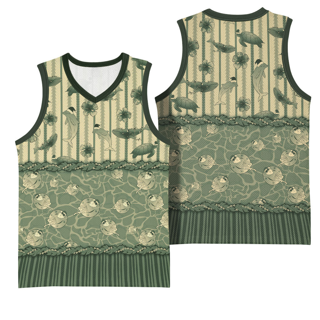 Hawaii Christmas In July Basketball Jersey Olive Green Mele Kalikimaka Sea Animals DT05 - Polynesian Pride