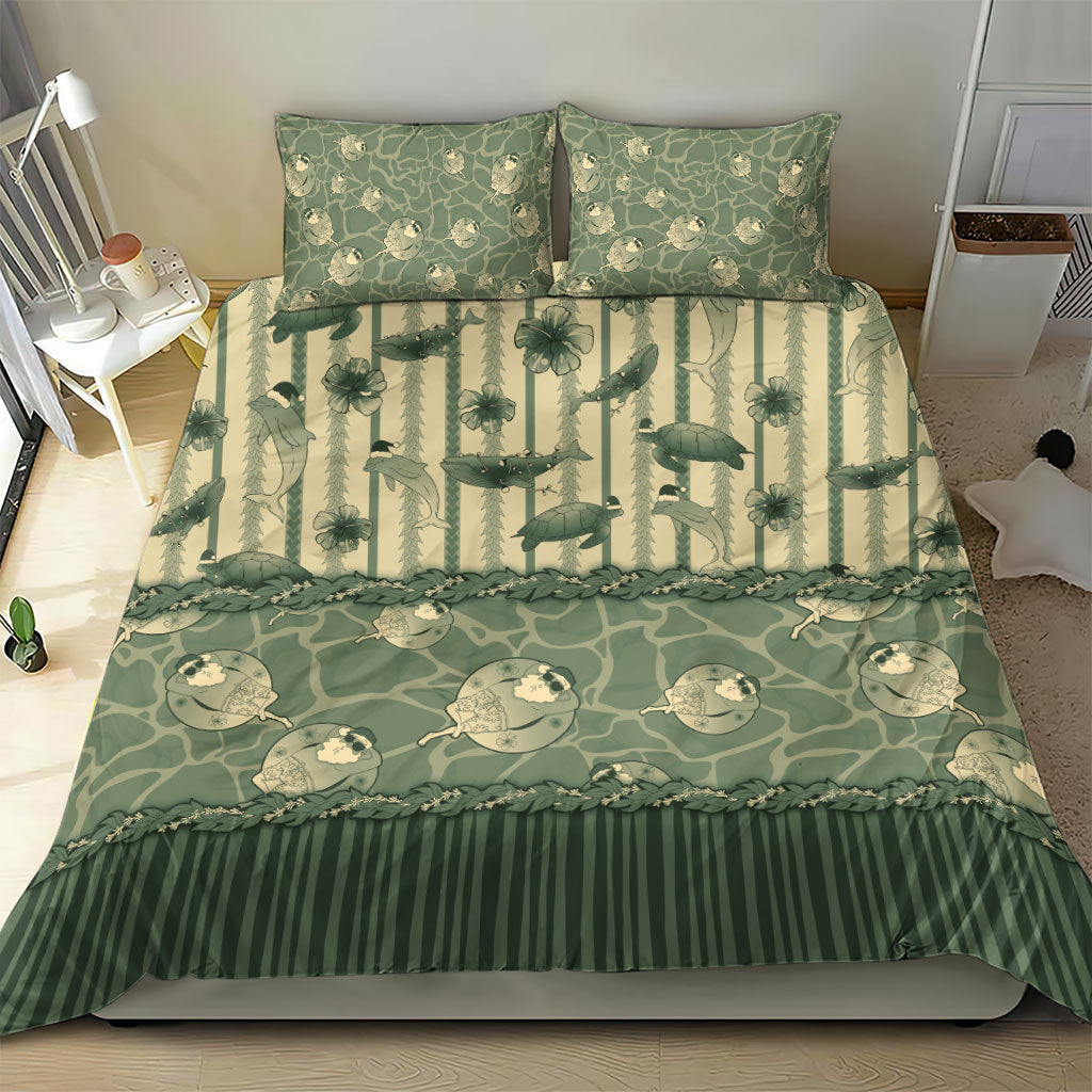 Hawaii Christmas In July Bedding Set Olive Green Mele Kalikimaka Sea Animals