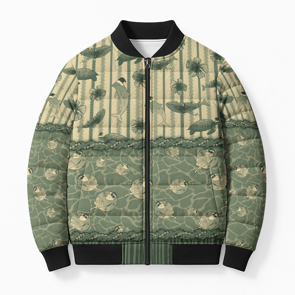 Hawaii Christmas In July Bomber Puffer Jacket Olive Green Mele Kalikimaka Sea Animals DT05 Unisex Green - Polynesian Pride