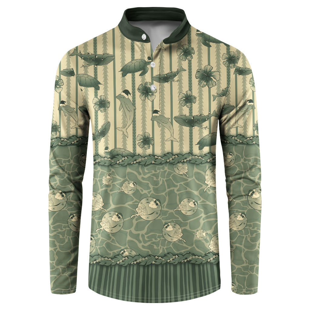 Hawaii Christmas In July Button Sweatshirt Olive Green Mele Kalikimaka Sea Animals