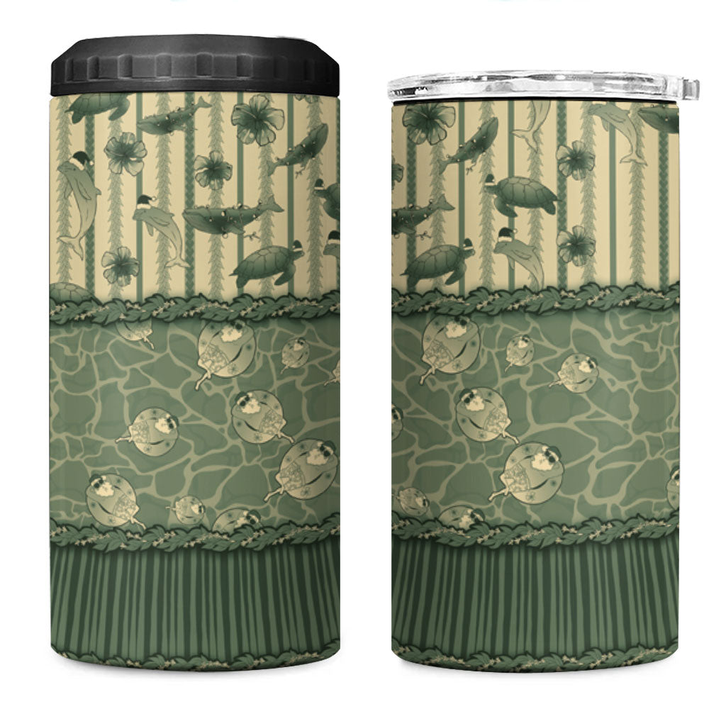 Hawaii Christmas In July 4 in 1 Can Cooler Tumbler Olive Green Mele Kalikimaka Sea Animals DT05 One Size: 16 oz Green - Polynesian Pride