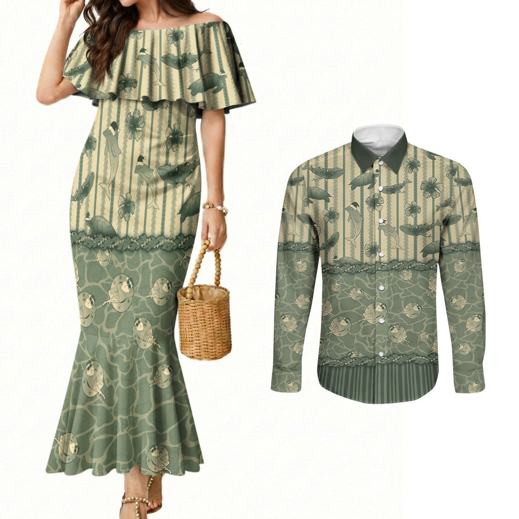 Hawaii Christmas In July Couples Matching Mermaid Dress and Long Sleeve Button Shirt Olive Green Mele Kalikimaka Sea Animals DT05 Green - Polynesian Pride