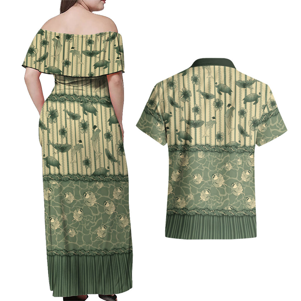 Hawaii Christmas In July Couples Matching Off Shoulder Maxi Dress and Hawaiian Shirt Olive Green Mele Kalikimaka Sea Animals DT05 - Polynesian Pride